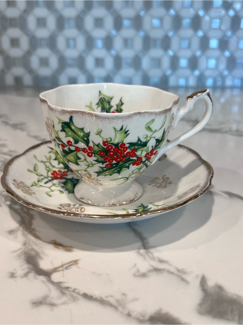 Queen Anne Fine Bone China Teacup and Saucer Vintage Christmas Yuletide